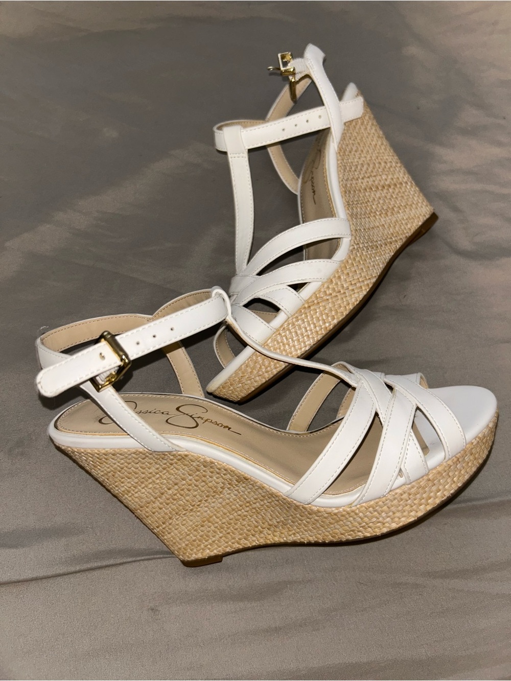 Jessica Simpson White Strappy Woven Espadrille Wedges